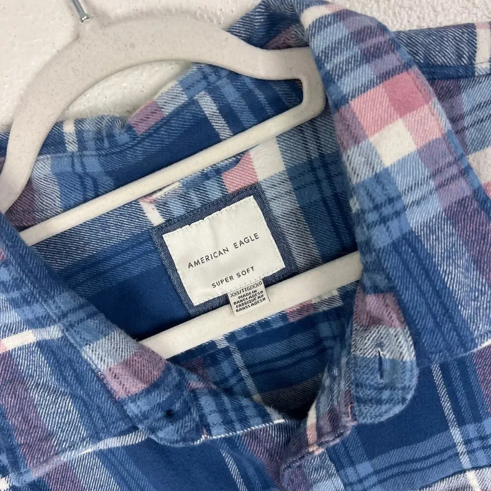 American Eagle Men's Super Soft Flannel Button Down Shirt XXL Blue Pink Plaid - Picture 6 of 7